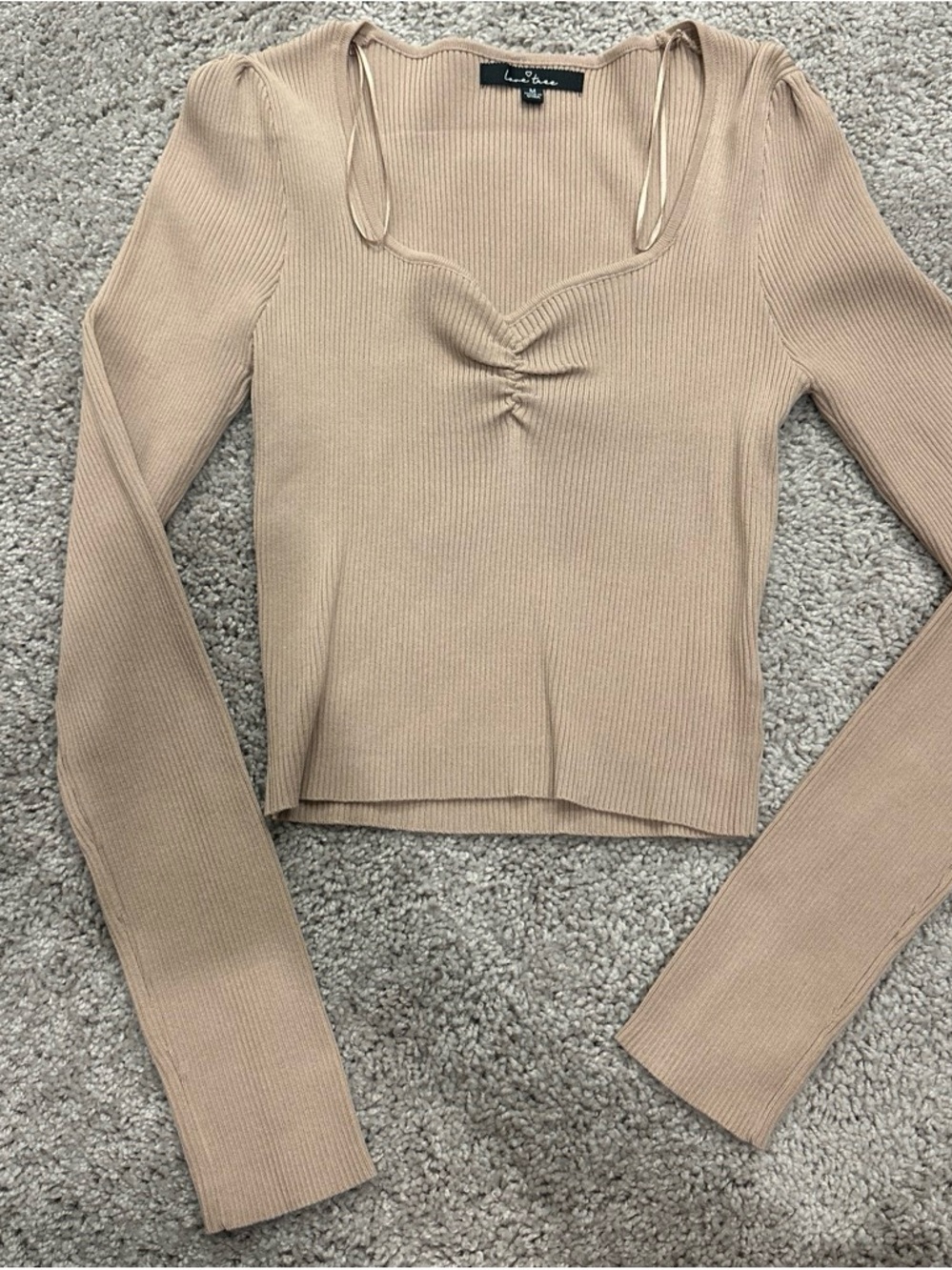 Love Tree Ribbed Long Sleeve Sweetheart Top in Beige